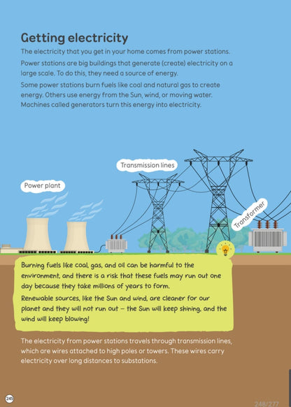 Educational science page explaining electricity power stations and renewable energy