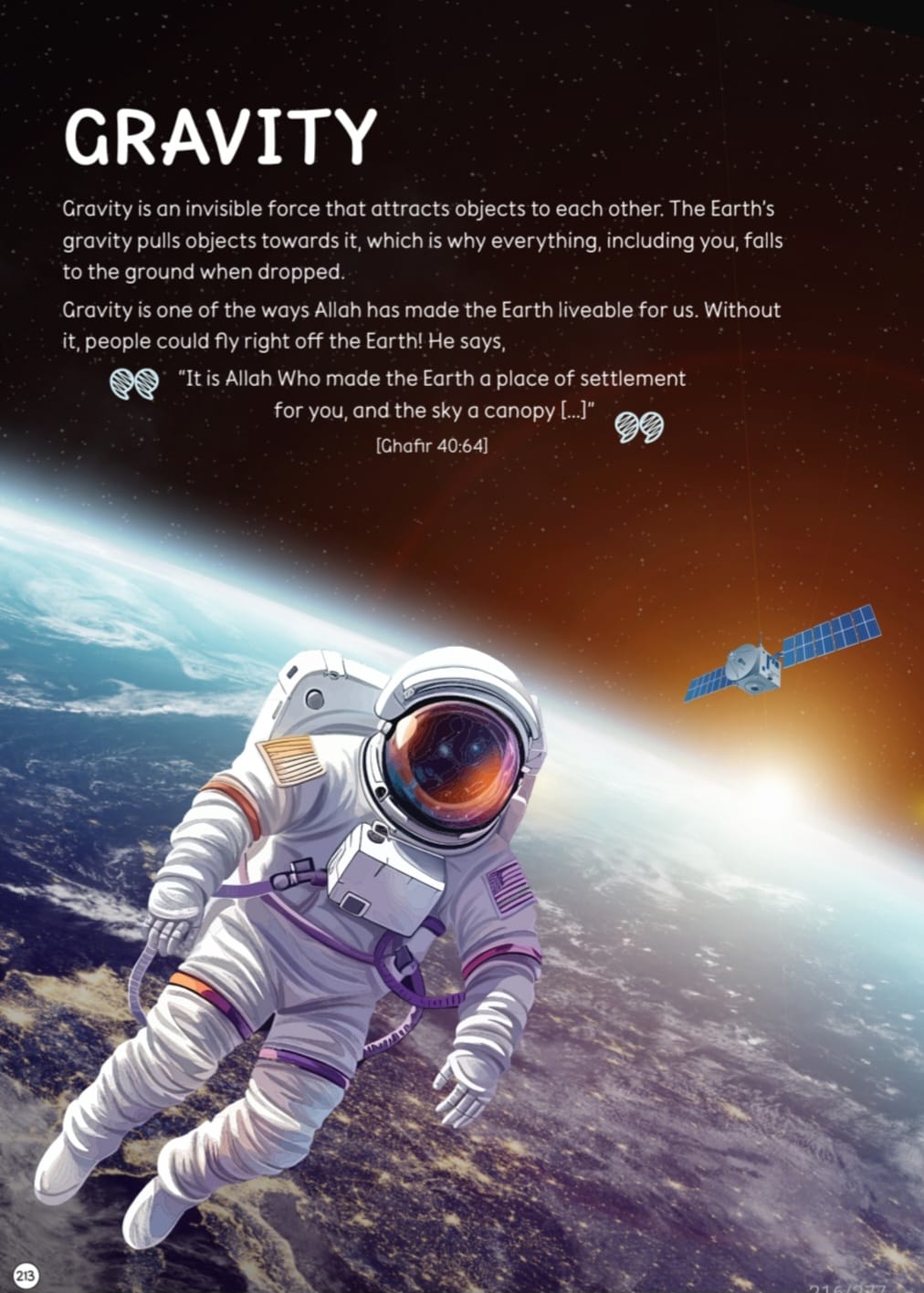 Children’s Islamic science book page explaining gravity and Earth
