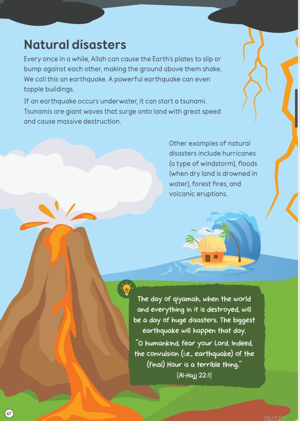 Islamic children’s science encyclopedia page explaining earthquakes tsunamis and natural disasters