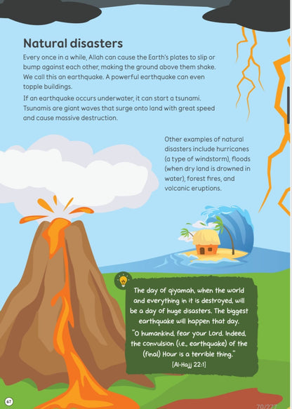 Islamic children’s science encyclopedia page explaining earthquakes tsunamis and natural disasters