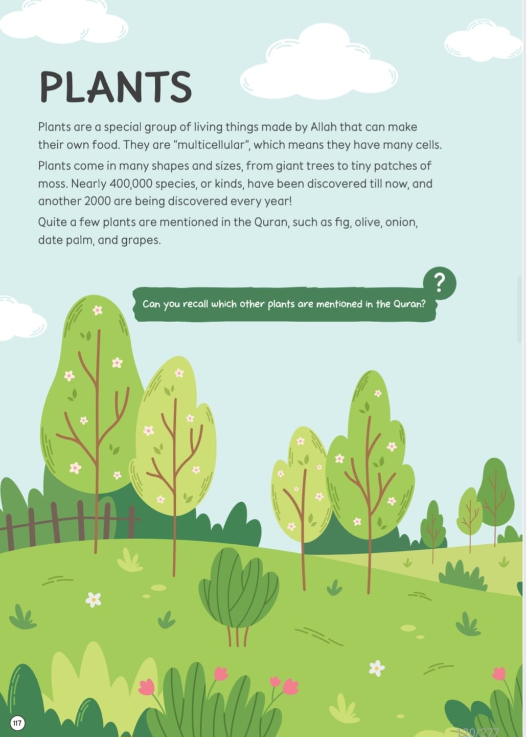 Islamic science encyclopedia page teaching children about plants and living things