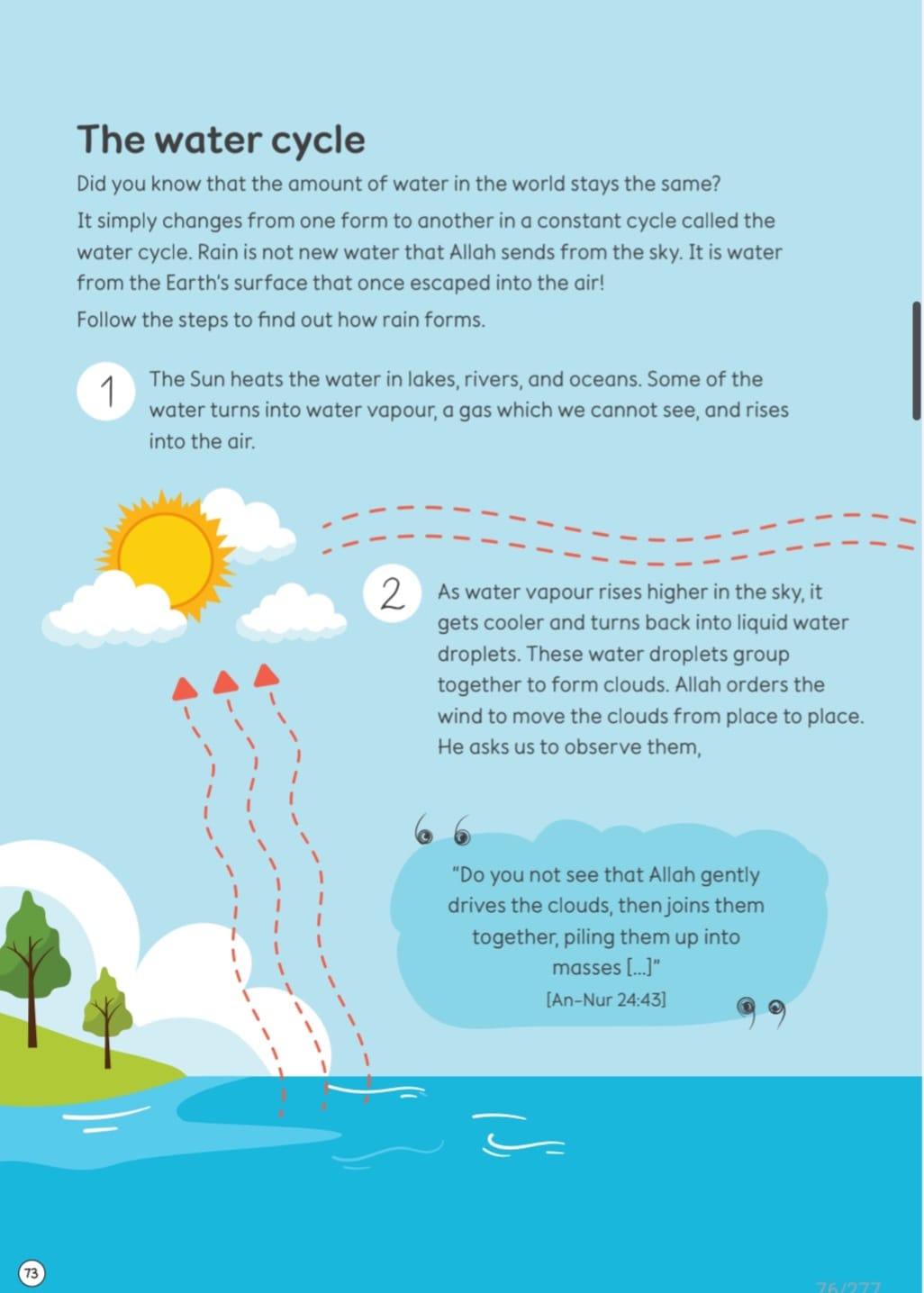 Children’s science book page explaining the water cycle with Islamic learning