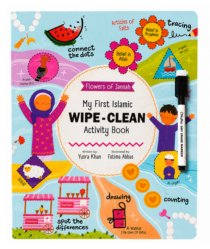 Children's activity book with colorful illustrations and a marker on a blue background