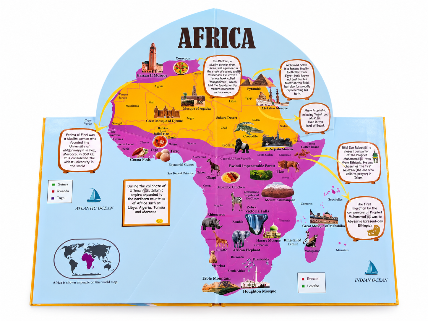 Africa pop-up map with Islamic facts, landmarks and wildlife for children