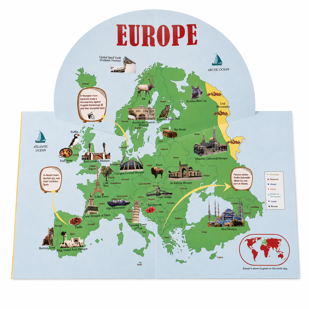 Europe pop-up map with mosques, landmarks and Muslim history for kids