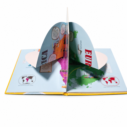 Open Islamic pop-up book for kids showing raised 3D continent pages