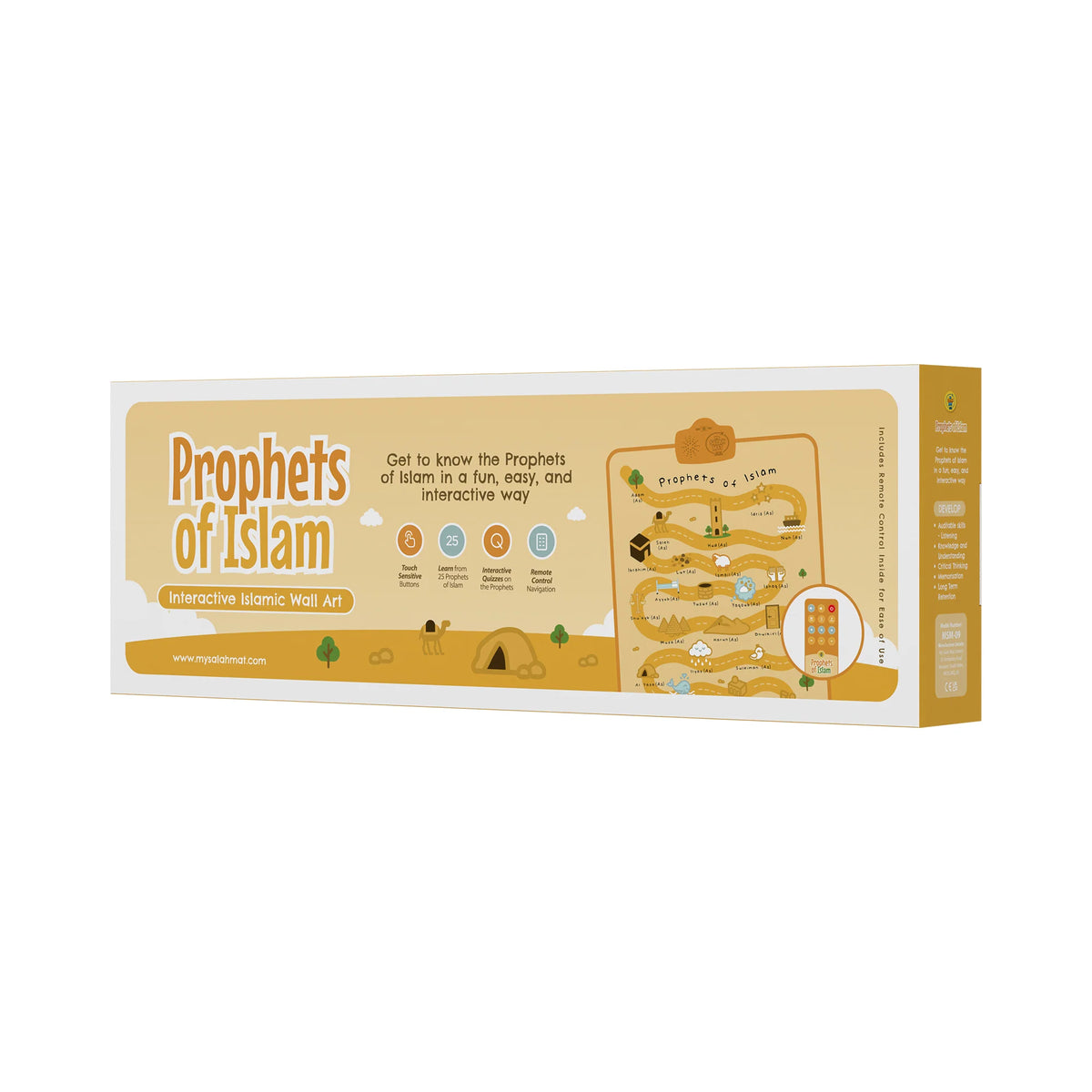 A rectangular product box for an interactive Islamic wall art set titled 'Prophets of Islam'. The packaging features a warm beige and yellow design with illustrations of a map, a tent, and small icons representing different prophets.