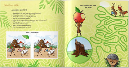A children's activity book spread featuring a colorful cartoon illustration with text, a maze, and small comparison panels. The page has a light green background with leaf patterns and depicts ants, a tree stump, and a hedgehog in a playful outdoor scene.