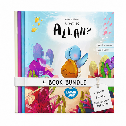 Who Is Allah 4 book bundle teaching children 8 Beautiful Names of Allah