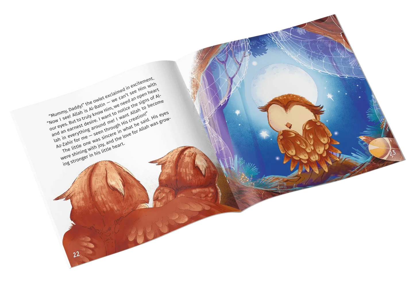 Inside pages of Little Owl Islamic story teaching children Allah's Name Az-Zahir