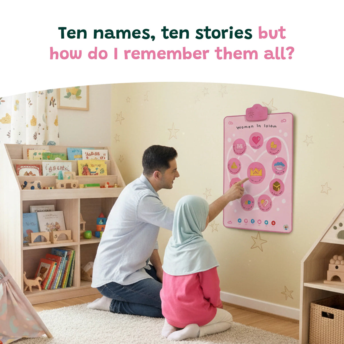 Man and child interacting with a pink educational women in islam interactive wall art audio mat in a room with books and toys.