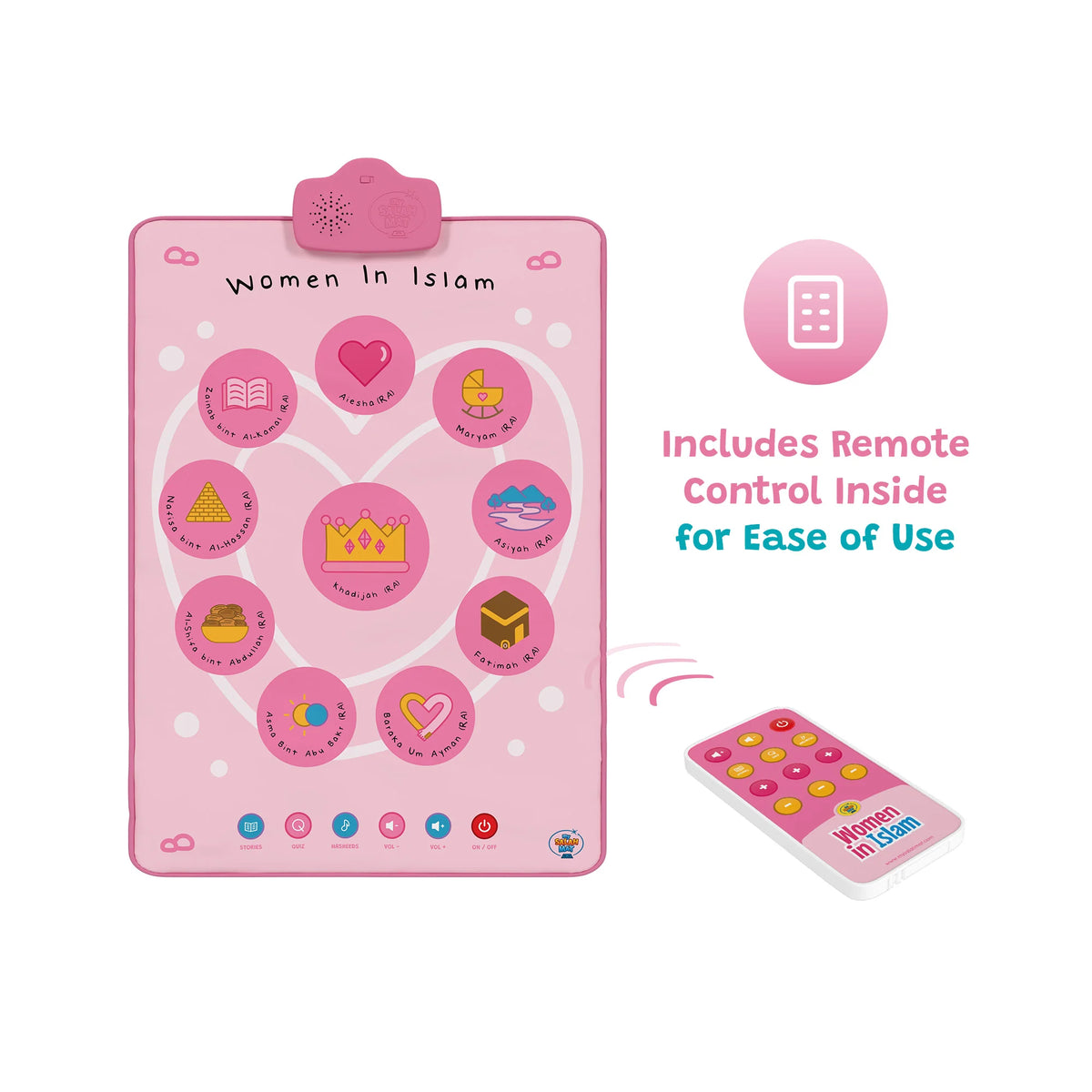 Pink electronic children's activity educational women in islam interactive wall art audio mat and matching remote control on a white background, with text stating 'Includes Remote Control Inside for Ease of Use'. The board displays the title 'Women In Islam' and multiple circular icons, and the remote has matching buttons.