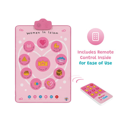 Pink electronic children's activity educational women in islam interactive wall art audio mat and matching remote control on a white background, with text stating 'Includes Remote Control Inside for Ease of Use'. The board displays the title 'Women In Islam' and multiple circular icons, and the remote has matching buttons.